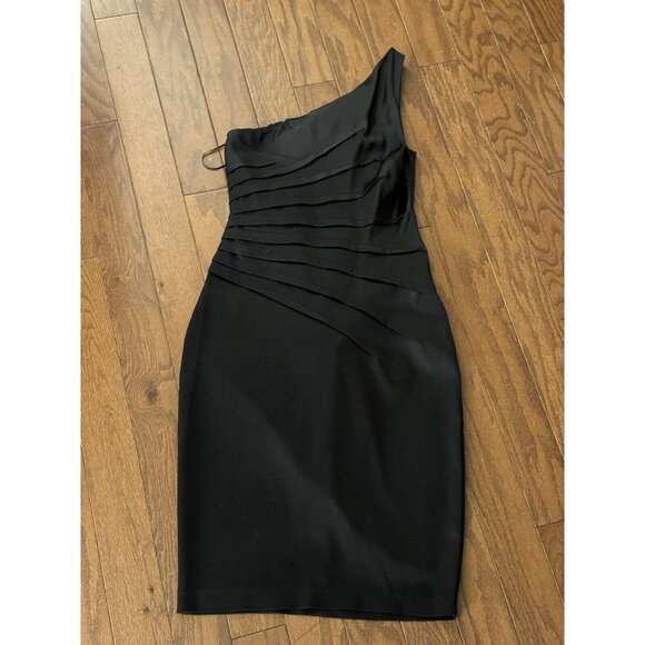 Vintage 90s Cache Dress Sz 4 Black Ruched Knee Length One Shoulder Cocktail Y2k‎ - Picture 2 of 6